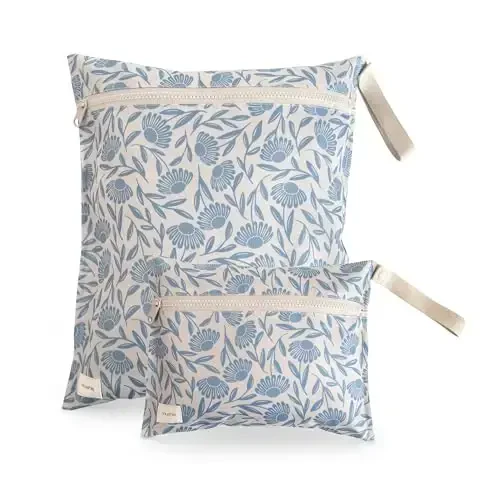 mushie Water Resistant Wet Bags | Large & Small Reusable Storage Bag for Baby Items and Travel | Zippered Pockets with Handle | Machine Washable, Set of 2 (Blue Flowers) 