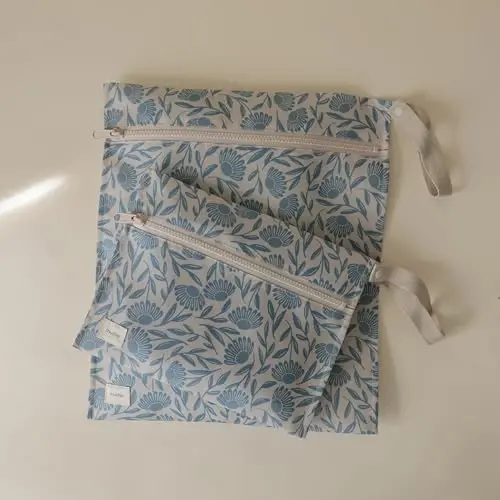 mushie Water Resistant Wet Bags | Large & Small Reusable Storage Bag for Baby Items and Travel | Zippered Pockets with Handle | Machine Washable, Set of 2 (Blue Flowers) - 5