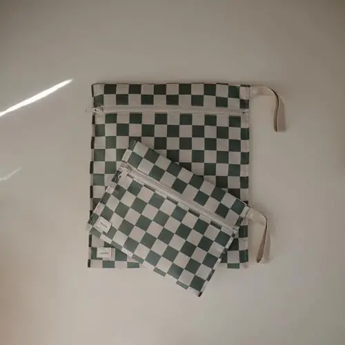 mushie Water Resistant Wet Bags | Large & Small Reusable Storage Bag for Baby Items and Travel | Zippered Pockets with Handle | Machine Washable, Set of 2 (Olive Check) - MUSHIE (1)