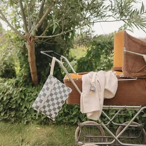 mushie Water Resistant Wet Bags | Large & Small Reusable Storage Bag for Baby Items and Travel | Zippered Pockets with Handle | Machine Washable, Set of 2 (Olive Check) - 4