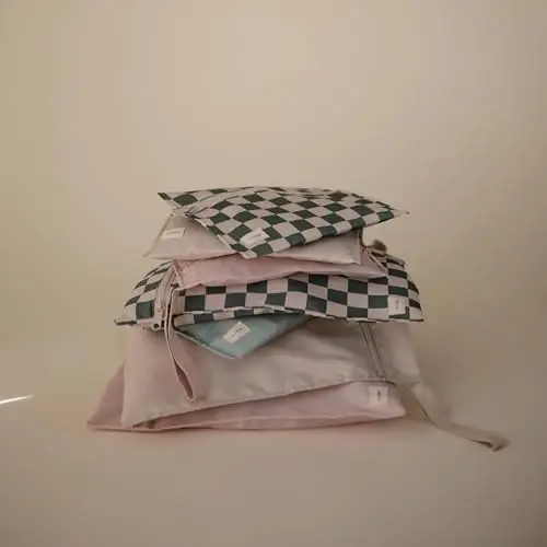 mushie Water Resistant Wet Bags | Large & Small Reusable Storage Bag for Baby Items and Travel | Zippered Pockets with Handle | Machine Washable, Set of 2 (Olive Check) - 3