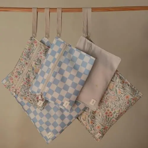 mushie Water Resistant Wet Bags | Large & Small Reusable Storage Bag for Baby Items and Travel | Zippered Pockets with Handle | Machine Washable, Set of 2 (Pastel Blooms) - 4