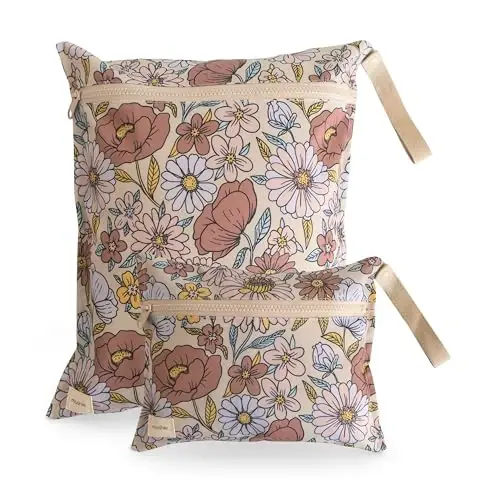 mushie Water Resistant Wet Bags | Large & Small Reusable Storage Bag for Baby Items and Travel | Zippered Pockets with Handle | Machine Washable, Set of 2 (Retro Flowers) - 1