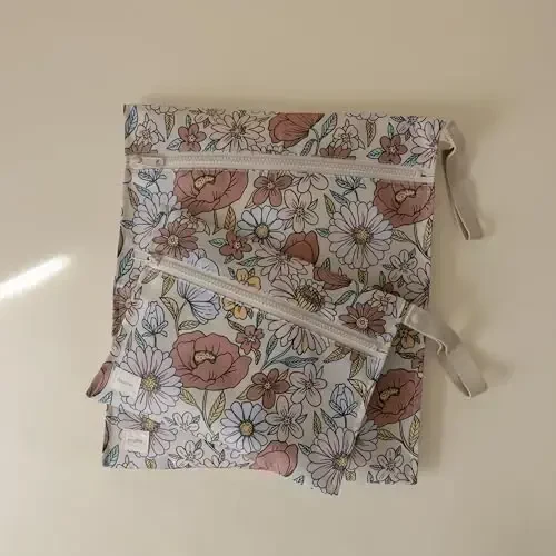 mushie Water Resistant Wet Bags | Large & Small Reusable Storage Bag for Baby Items and Travel | Zippered Pockets with Handle | Machine Washable, Set of 2 (Retro Flowers) - 2