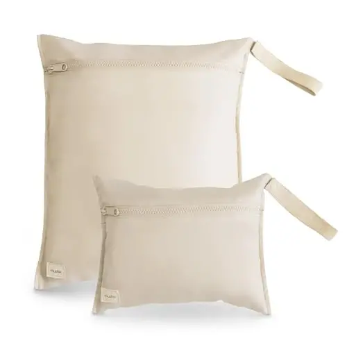 mushie Water Resistant Wet Bags | Large & Small Reusable Storage Bag for Baby Items and Travel | Zippered Pockets with Handle | Machine Washable, Set of 2 (Fog) 