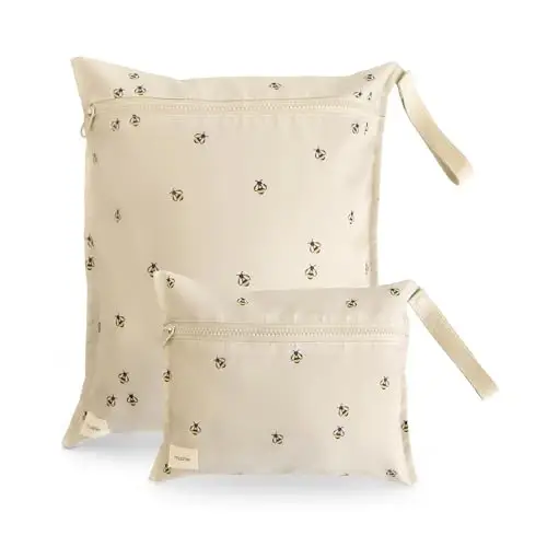 mushie Water Resistant Wet Bags | Large & Small Reusable Storage Bag for Baby Items and Travel | Zippered Pockets with Handle | Machine Washable, Set of 2 (Bees) - 1