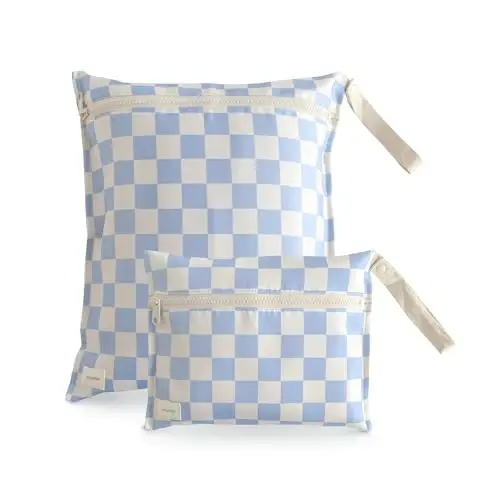 mushie Water Resistant Wet Bags | Large & Small Reusable Storage Bag for Baby Items and Travel | Zippered Pockets with Handle | Machine Washable, Set of 2 (Blue Check) - MUSHIE