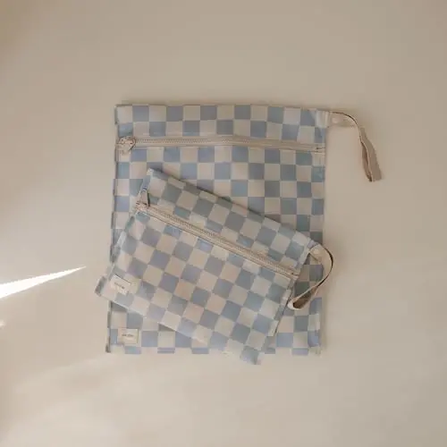 mushie Water Resistant Wet Bags | Large & Small Reusable Storage Bag for Baby Items and Travel | Zippered Pockets with Handle | Machine Washable, Set of 2 (Blue Check) - 3