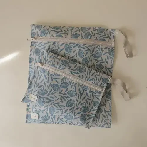 mushie Water Resistant Wet Bags | Large & Small Reusable Storage Bag for Baby Items and Travel | Zippered Pockets with Handle | Machine Washable, Set of 2 (Blue Flowers) - 5