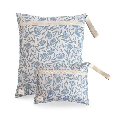 mushie Water Resistant Wet Bags | Large & Small Reusable Storage Bag for Baby Items and Travel | Zippered Pockets with Handle | Machine Washable, Set of 2 (Blue Flowers) - MUSHIE