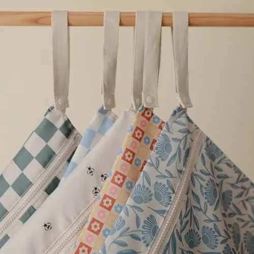 mushie Water Resistant Wet Bags | Large & Small Reusable Storage Bag for Baby Items and Travel | Zippered Pockets with Handle | Machine Washable, Set of 2 (Blue Flowers) - 4