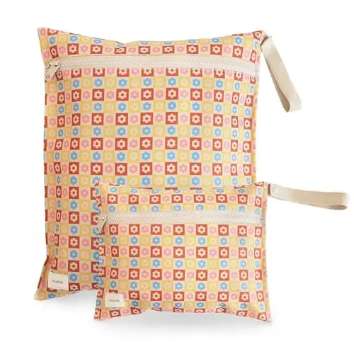 mushie Water Resistant Wet Bags | Large & Small Reusable Storage Bag for Baby Items and Travel | Zippered Pockets with Handle | Machine Washable, Set of 2 (Happy Flowers Check) 