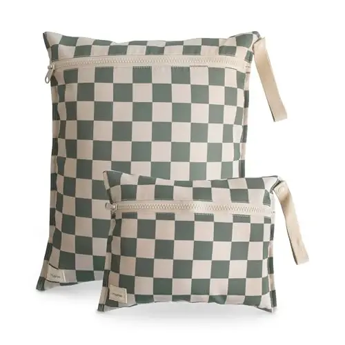 mushie Water Resistant Wet Bags | Large & Small Reusable Storage Bag for Baby Items and Travel | Zippered Pockets with Handle | Machine Washable, Set of 2 (Olive Check) - MUSHIE