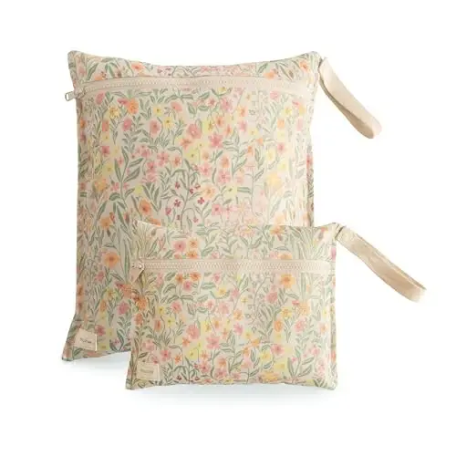 mushie Water Resistant Wet Bags | Large & Small Reusable Storage Bag for Baby Items and Travel | Zippered Pockets with Handle | Machine Washable, Set of 2 (Pastel Blooms) - MUSHIE