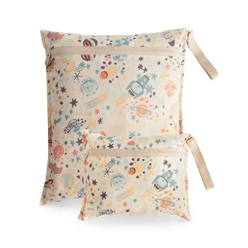 mushie Water Resistant Wet Bags | Large & Small Reusable Storage Bag for Baby Items and Travel | Zippered Pockets with Handle | Machine Washable, Set of 2 (Space) - 1