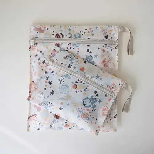 mushie Water Resistant Wet Bags | Large & Small Reusable Storage Bag for Baby Items and Travel | Zippered Pockets with Handle | Machine Washable, Set of 2 (Space) - 2