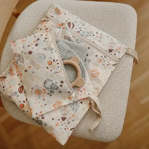 mushie Water Resistant Wet Bags | Large & Small Reusable Storage Bag for Baby Items and Travel | Zippered Pockets with Handle | Machine Washable, Set of 2 (Space) - 4