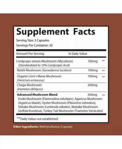 MUSHROOM COMPLEX - Добавка для концентрации и энергии - 10 видов грибов - Львиная грива, Рейши, Кордицепс, Чага, Майтаке, Шиитаке, Трубчатый гриб | 90 капсул Без красителей - 3
