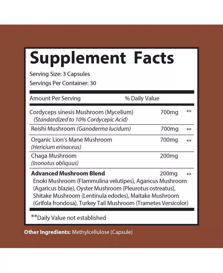 MUSHROOM COMPLEX - Добавка для концентрации и энергии - 10 видов грибов - Львиная грива, Рейши, Кордицепс, Чага, Майтаке, Шиитаке, Трубчатый гриб | 90 капсул Без красителей - 3