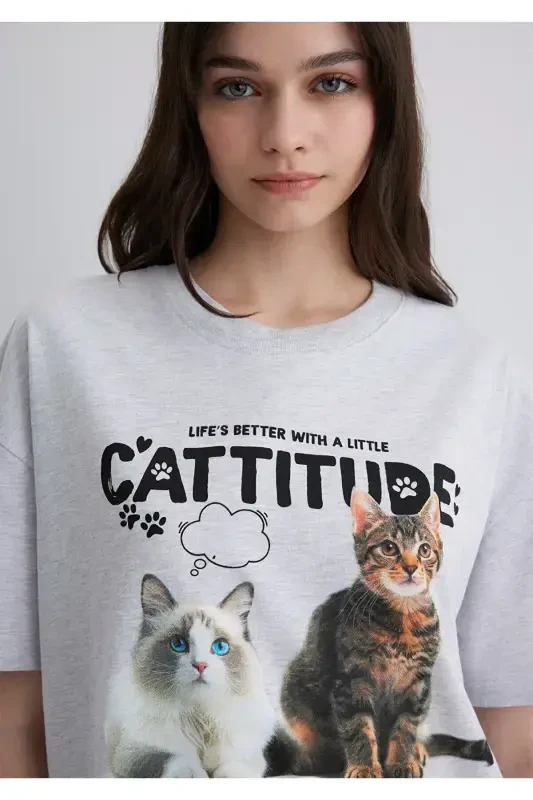 Mushuk bosilgan kulrang futbolka Loose Fit / Keng kesim - 6