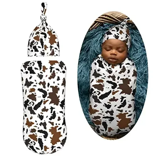 Muishi Brown Black Cow Skin Newborn Swaddle Blankets Hat Sets Soft Baby Receiving Blanket Swaddle Sack for Baby Shower Infant Boy Girl Gift - MODAZONE (1)