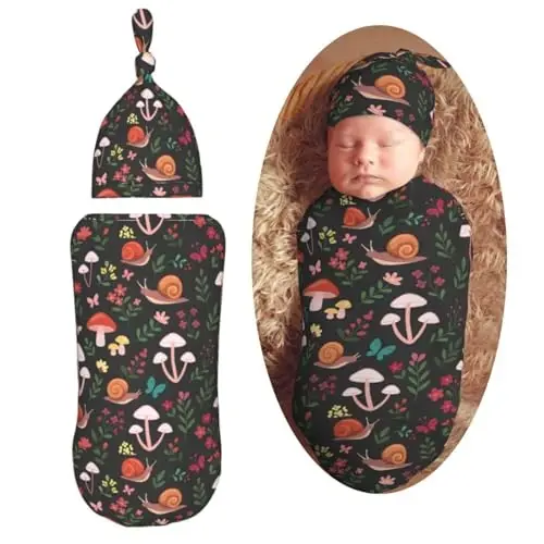 Muishi Mushrooms Snails Butterflies Newborn Swaddle Blankets Hat Sets Soft Baby Receiving Blanket Swaddle Sack for Baby Shower Infant Boy Girl Gift - MUISHI