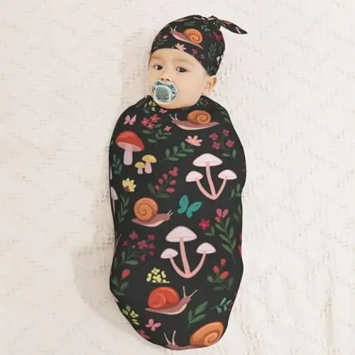 Muishi Mushrooms Snails Butterflies Newborn Swaddle Blankets Hat Sets Soft Baby Receiving Blanket Swaddle Sack for Baby Shower Infant Boy Girl Gift - MUISHI (1)