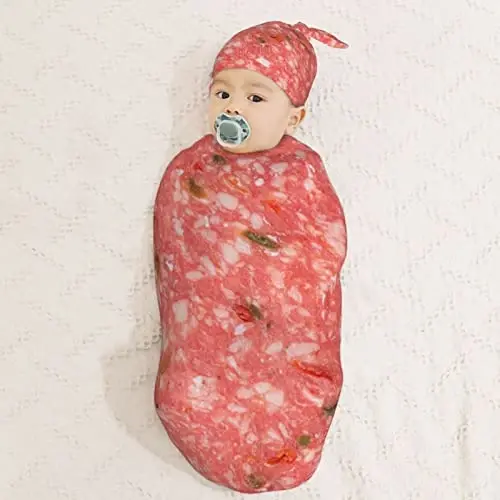 Muishi Salami Smoked Sausage Slices Funny Food Newborn Swaddle Blankets Hat Sets Soft Baby Receiving Blanket Swaddle Sack for Baby Shower Infant Boy Girl Gift - 3