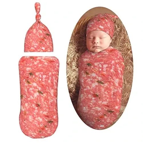 Muishi Salami Smoked Sausage Slices Funny Food Newborn Swaddle Blankets Hat Sets Soft Baby Receiving Blanket Swaddle Sack for Baby Shower Infant Boy Girl Gift 