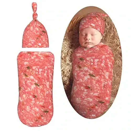 Muishi Salami Smoked Sausage Slices Funny Food Newborn Swaddle Blankets Hat Sets Soft Baby Receiving Blanket Swaddle Sack for Baby Shower Infant Boy Girl Gift - 1