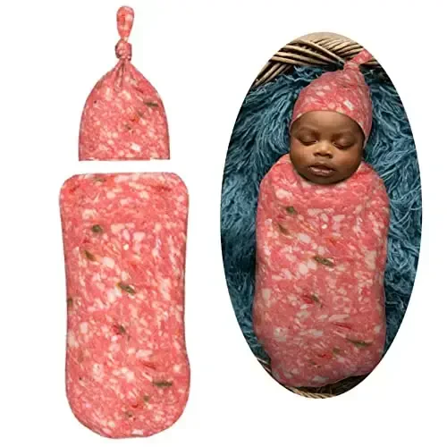 Muishi Salami Smoked Sausage Slices Funny Food Newborn Swaddle Blankets Hat Sets Soft Baby Receiving Blanket Swaddle Sack for Baby Shower Infant Boy Girl Gift - MODAZONE (1)