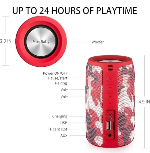 MusiBaby Bluetooth dinamiki simsiz portativ, IPX5 suv oʻtkazmaydigan Bluetooth dinamiklari Dual Pairing bilan, 24 soatlik ish vaqti, uy, sayohat, ziyofat, ochiq havoda boy stereo bass | Elektron sovgʻalar (Camo Red) - MUSIBABY (1)