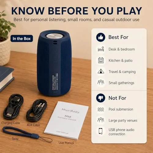 Musibaby M68 Bluetooth Speaker, 12W, IPX5, FM, USB AUX, Dark Blue | Compact 12W speaker for office, computer, bedroom and patio. IPX5 splash-resistant with FM, USB drive, AUX and dual pairing. - 6
