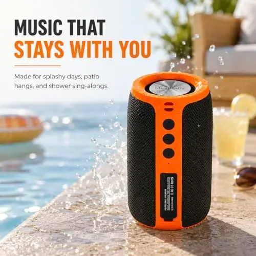 Musibaby M68 Bluetooth Speaker, 12W, IPX5, FM, USB AUX, Orange Black | Portable 12W speaker for camping, garage, backyard and beach. IPX5 splash-resistant with FM, USB drive, AUX and dual pairing. - 4