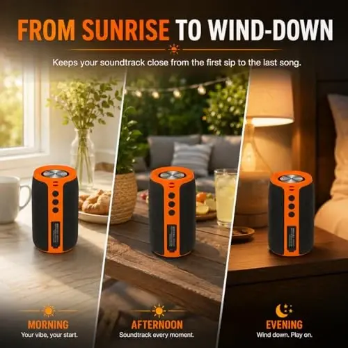 Musibaby M68 Bluetooth Speaker, 12W, IPX5, FM, USB AUX, Orange Black | Portable 12W speaker for camping, garage, backyard and beach. IPX5 splash-resistant with FM, USB drive, AUX and dual pairing. - 5