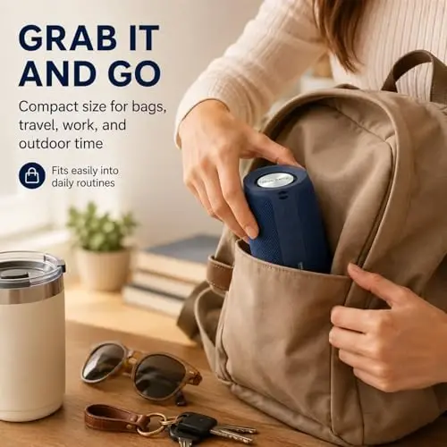 Musibaby M68 Bluetooth Speaker, 12W, IPX5, FM, USB AUX, Dark Blue | Compact 12W speaker for office, computer, bedroom and patio. IPX5 splash-resistant with FM, USB drive, AUX and dual pairing. - 3