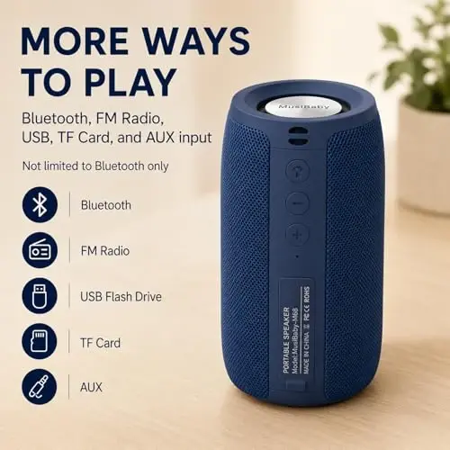 Musibaby M68 Bluetooth Speaker, 12W, IPX5, FM, USB AUX, Dark Blue | Compact 12W speaker for office, computer, bedroom and patio. IPX5 splash-resistant with FM, USB drive, AUX and dual pairing. - 4