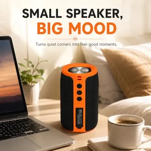 Musibaby M68 Bluetooth Speaker, 12W, IPX5, FM, USB AUX, Orange Black | Portable 12W speaker for camping, garage, backyard and beach. IPX5 splash-resistant with FM, USB drive, AUX and dual pairing. - 2