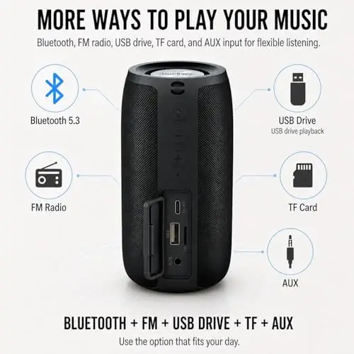 MusiBaby M68 Portable Bluetooth Speakers – Wireless, Waterproof, Dual Pairing, Deep Bass, Small & Loud with 24H+ Playtime – Outdoor Travel, Beach, Camping, Party, Gifts for Men Women (Black) - 4