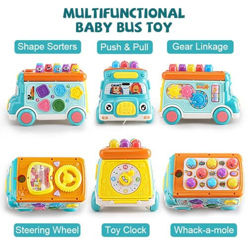 Music Activity Bus Baby Toy, Infant Education Learn Car, Sound & Light, Interactive Game, Shape Sorter, Animal Matching, Holiday Birthday Gift for Toddler Kid Boy Girl 3 4 5 6 7 Years (Blue) - 10