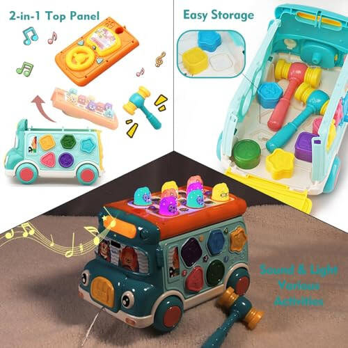 Music Activity Bus Baby Toy, Infant Education Learn Car, Sound & Light, Interactive Game, Shape Sorter, Animal Matching, Holiday Birthday Gift for Toddler Kid Boy Girl 3 4 5 6 7 Years (Blue) - 12