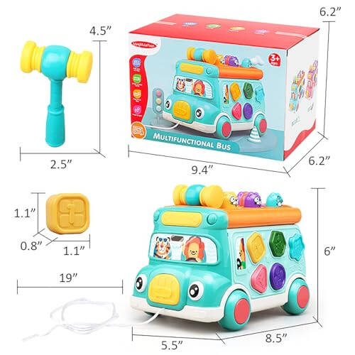 Music Activity Bus Baby Toy, Infant Education Learn Car, Sound & Light, Interactive Game, Shape Sorter, Animal Matching, Holiday Birthday Gift for Toddler Kid Boy Girl 3 4 5 6 7 Years (Blue) - 6
