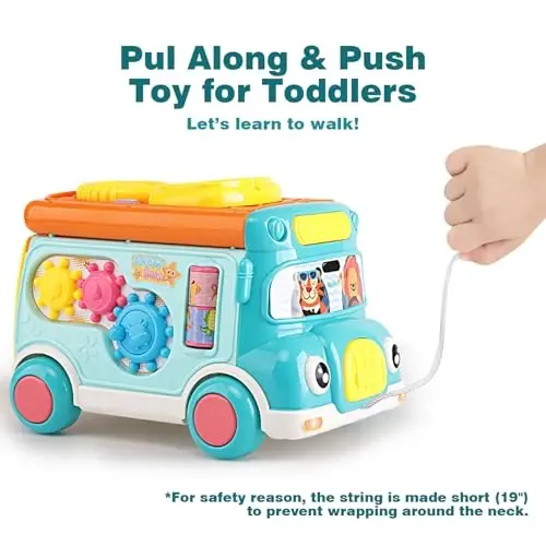 Music Activity Bus Baby Toy, Infant Education Learn Car, Sound & Light, Interactive Game, Shape Sorter, Animal Matching, Holiday Birthday Present for Toddler Kid Boy Girl 3 4 5 6 7 Years (Blue) - 3