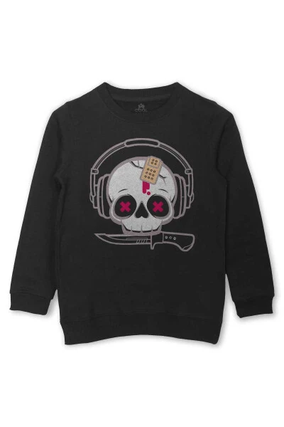 Music Listening Skull Headphones Knife Bandage Skull Printed Kids Sweatshirt Black Sweat - SO COOL