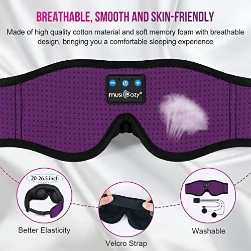 MUSICOZY 3D Bluetooth 5.4 Sleep Headphones, Breathable Wireless Music Eye Mask, Sleeping Headphones with Headband for Side Sleepers, Women, Men, Air Travel, Unique Tech Gifts - 3