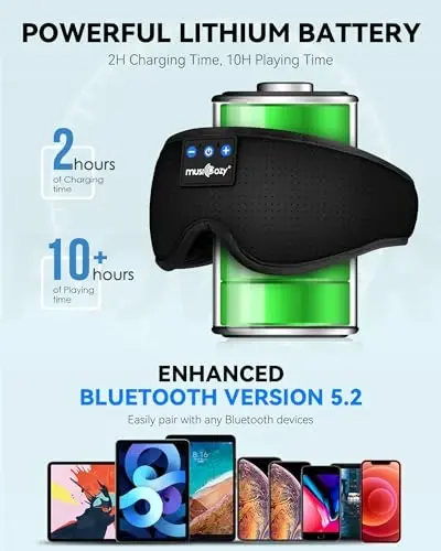 MUSICOZY 3D Bluetooth quloqchinli uyqu maskasi, simsiz musiqa uyqu bandaji yonboshlab uxlaydiganlar uchun ko'z maskasi, uyqu, sayohat, meditatsiya, noyob sovg'alar uchun ideal - 4