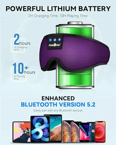 MUSICOZY 3D Sleep Eshitish vositasi Mask Yonboshda uxlaydiganlar uchun Eshitish vositasi Ko'z maskasi, simsiz Bluetooth bosh bandi Eshitish vositasi Sovuq Gadjetlar Noyob Sovg'alar (Binafsha) - 4