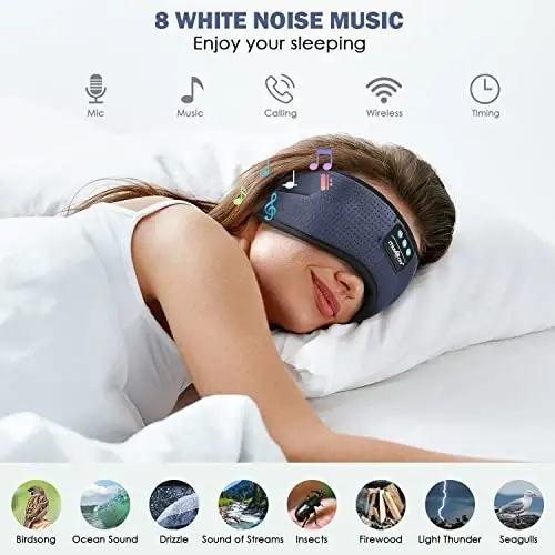 MUSICOZY 8 ta tinchlantiruvchi tovush va 3D simsiz uyqu naushniklari bilan Bluetooth uyqu maskasi, Yoga sayohati ofisida dam olish uchun Bluetooth uyqu naushniklari, Texnik gadjet sovg'alari, kulrang - 3