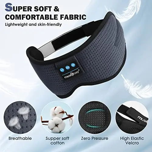 MUSICOZY 8 ta tinchlantiruvchi tovush va 3D simsiz uyqu naushniklari bilan Bluetooth uyqu maskasi, Yoga sayohati ofisida dam olish uchun Bluetooth uyqu naushniklari, Texnik gadjet sovg'alari, kulrang - 6