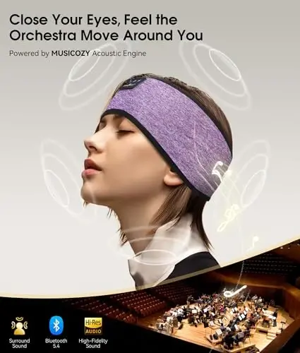 MUSICOZY Bluetooth 5.2 Повязка для сна с наушниками Повязка для сна Наушники для спорта Беспроводные музыкальные наушники Маска для сна Наушники для боковых спящих Тренировка Бег Путешествия Йога Офисные подарки Мама Женщины - 4